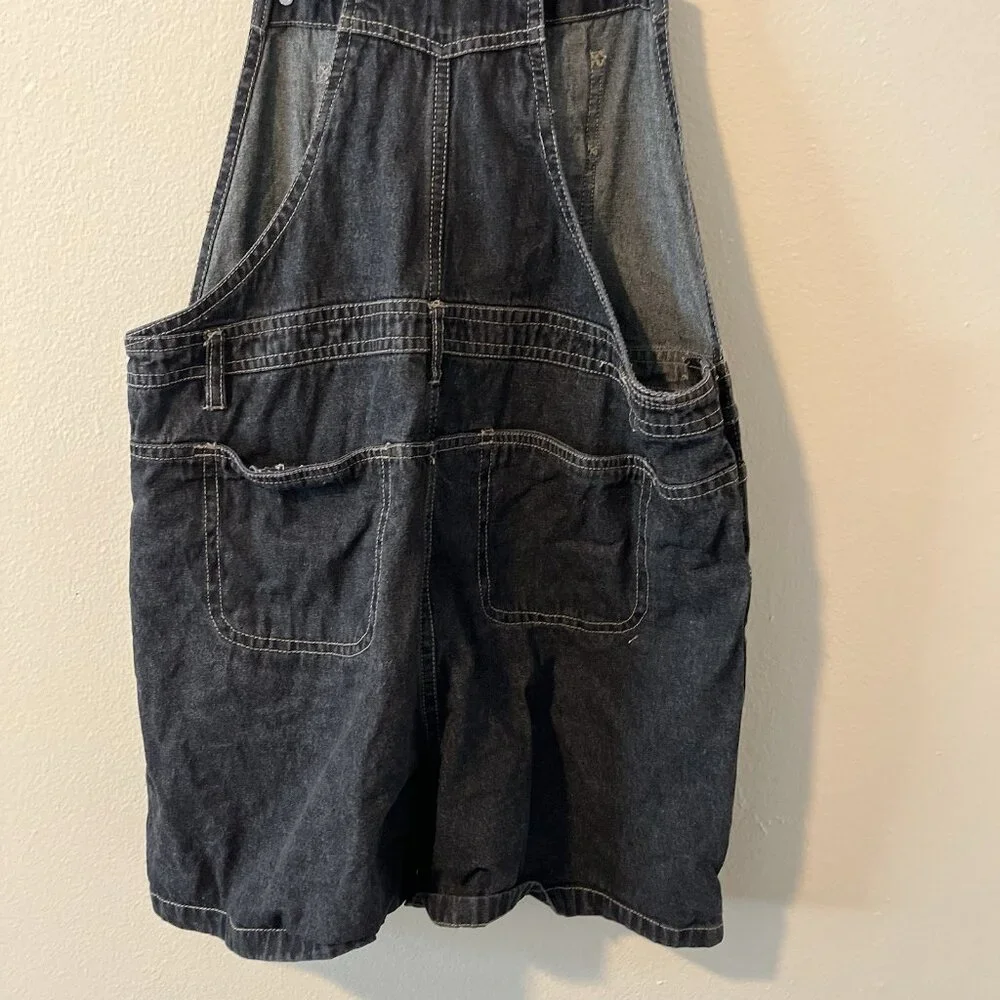 Vtg Denim Overall Shorts Black Grey Embroidered Y2K Kid Core Grunge‎ Goth 90s